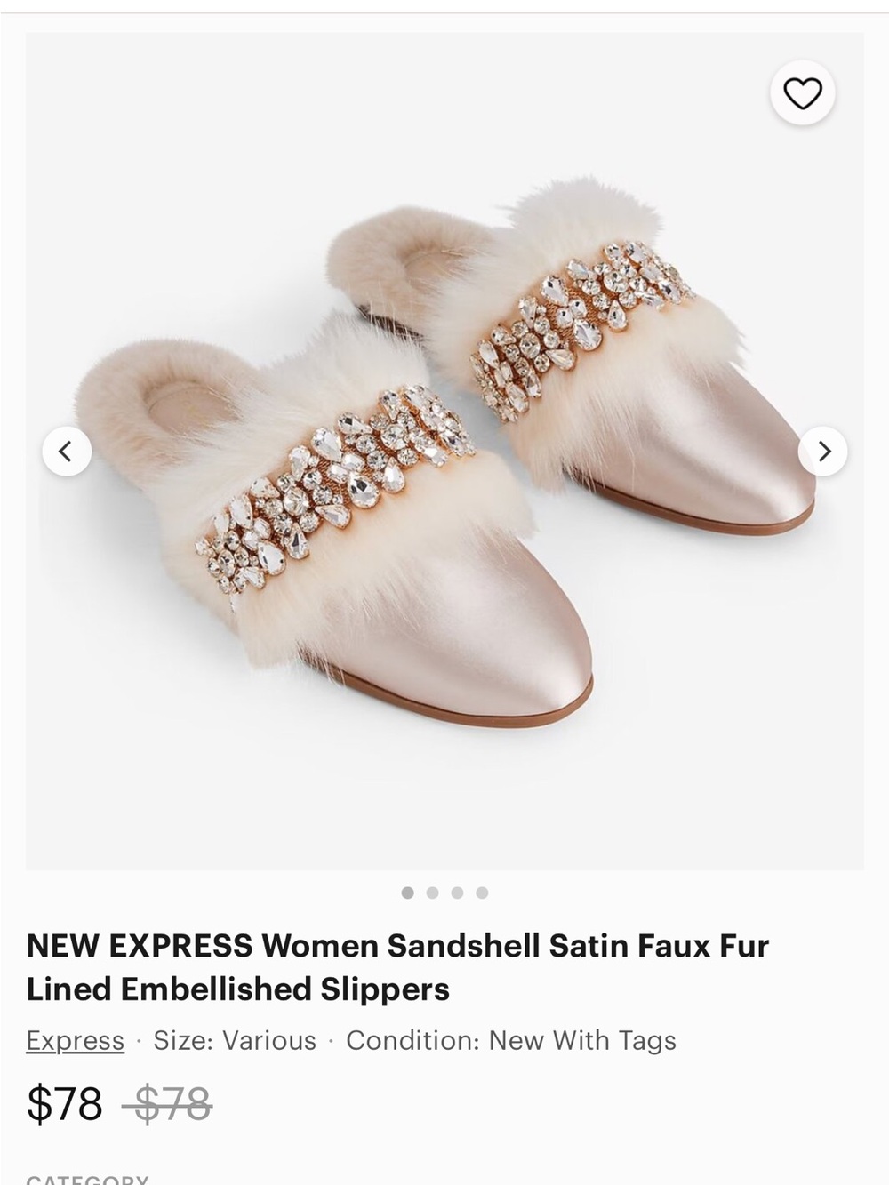 Express Satin Faux Fur Jeweled Mules in Sandshell